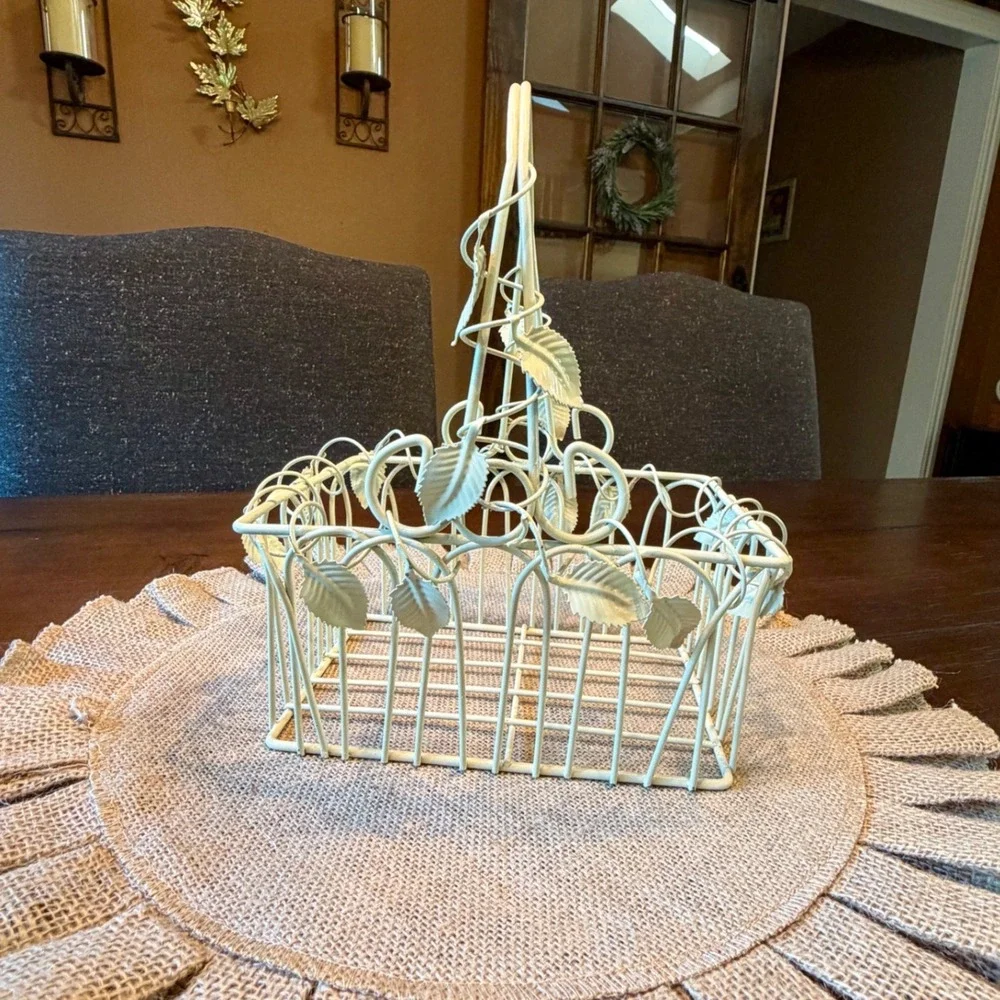 Vintage Cream Metal Wire Basket Leaf Vine Detail Farmhouse Decorative